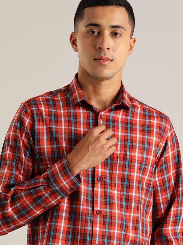 Indian Terrain Men Checkered Orange Shirt